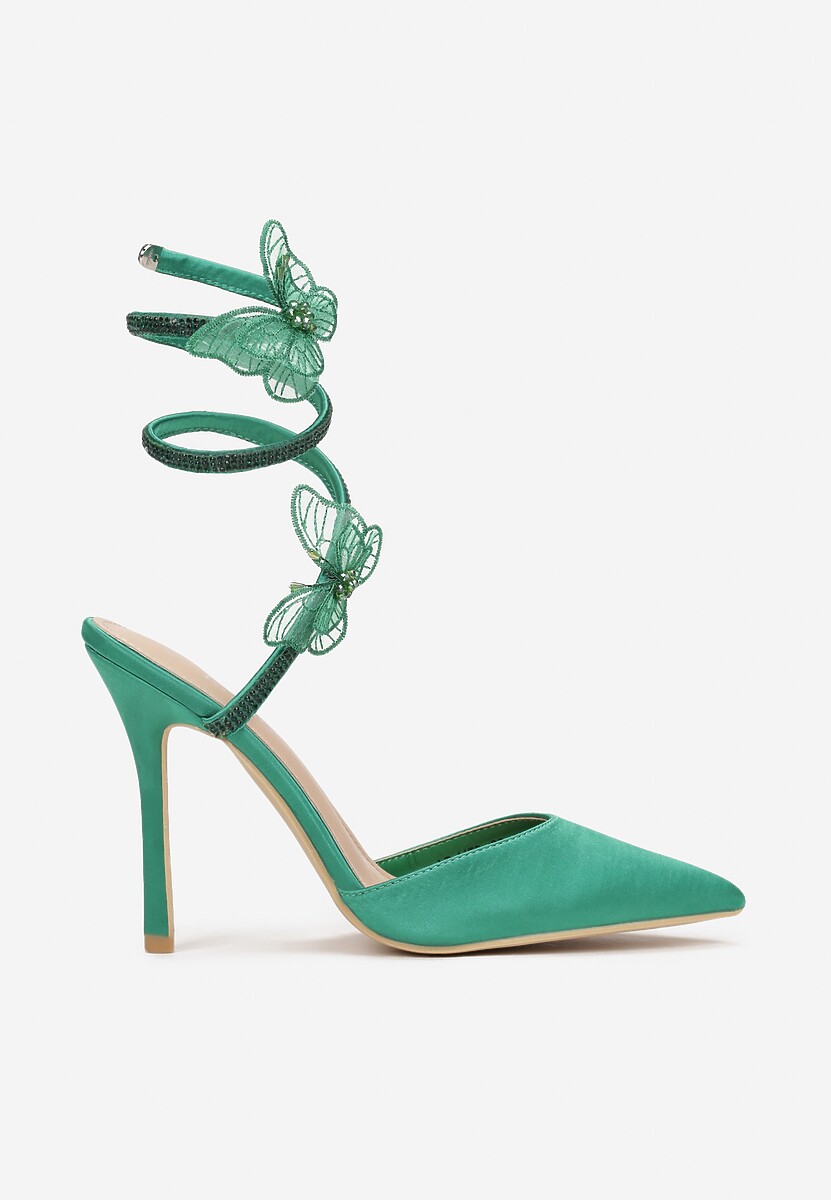 Zielone Sandały na Szpilce z Cyrkoniami i Motylkami Eevi