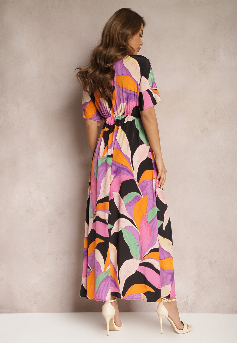 Czarno-Różowa Rozkloszowana Sukienka z Krótkimi Rękawami Typu Nietoperz Leraphi