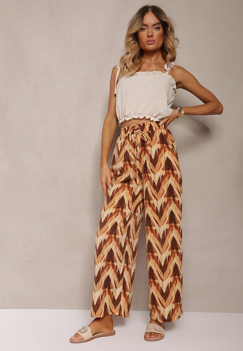 Beżowo-Brązowe Szerokie Spodnie z Gumką i Wiązaniem w Talii Vayolet