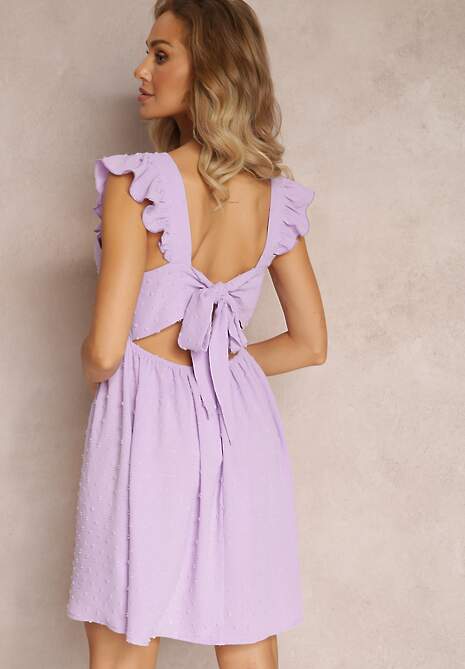 Fioletowa Mini Sukienka z Odkrytymi Plecami Wykonana z Tkaniny Plumeti Telmolio