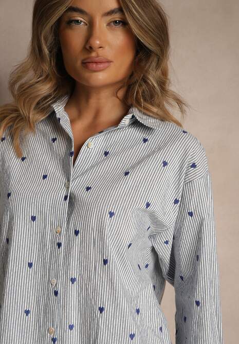 Niebieska Koszula z Bawełny w Serduszka i Drobne Paseczki Fenimalla