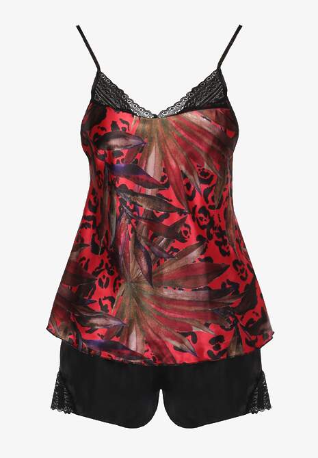 Czerwono-Czarny Satynowy Komplet Piżamowy z Szortami i Topem z Koronką Telespha
