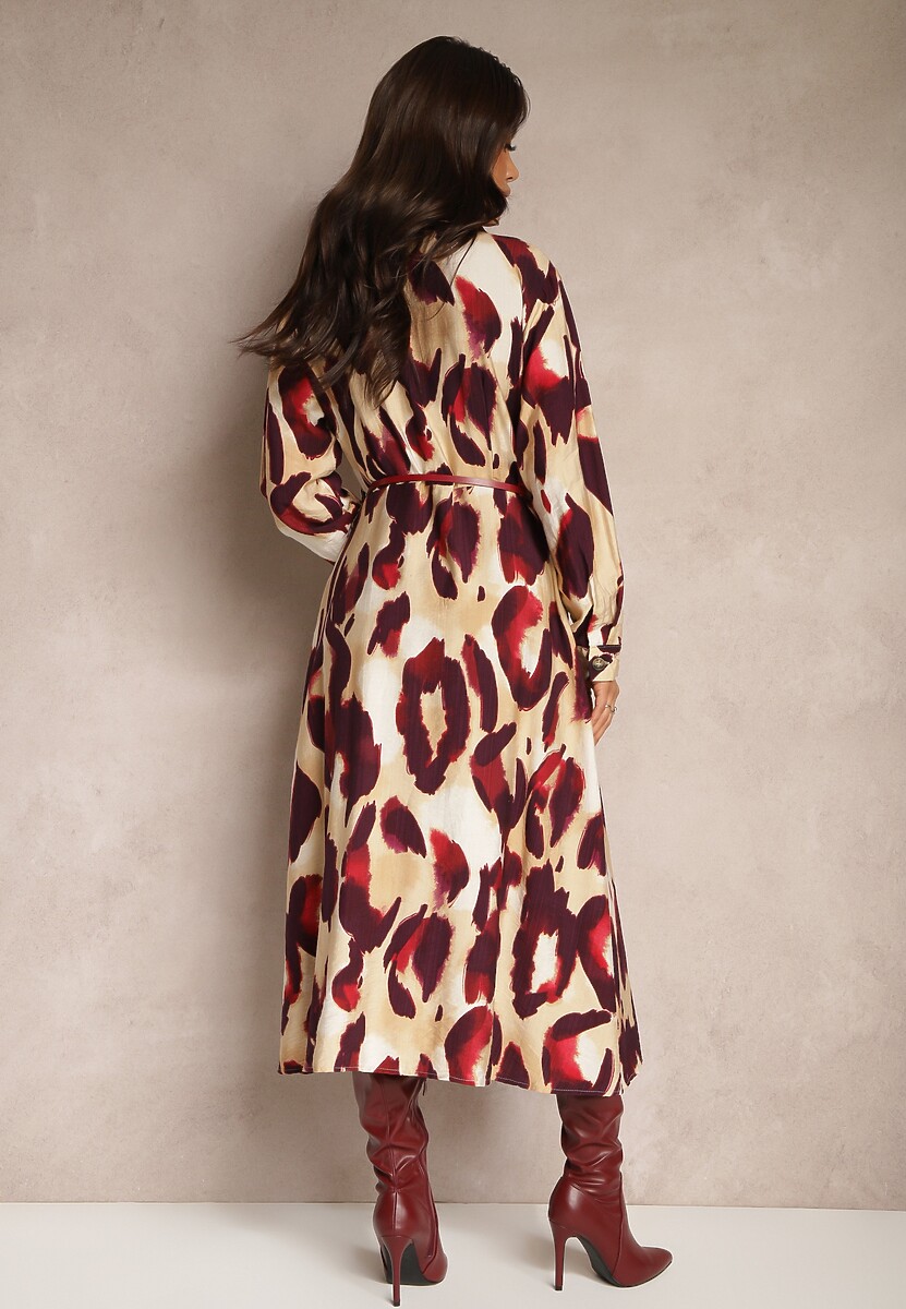 Czerwono-Beżowa Wzorzysta Sukienka o Koszulowym Kroju z Paskiem z Plecionki Mirirani