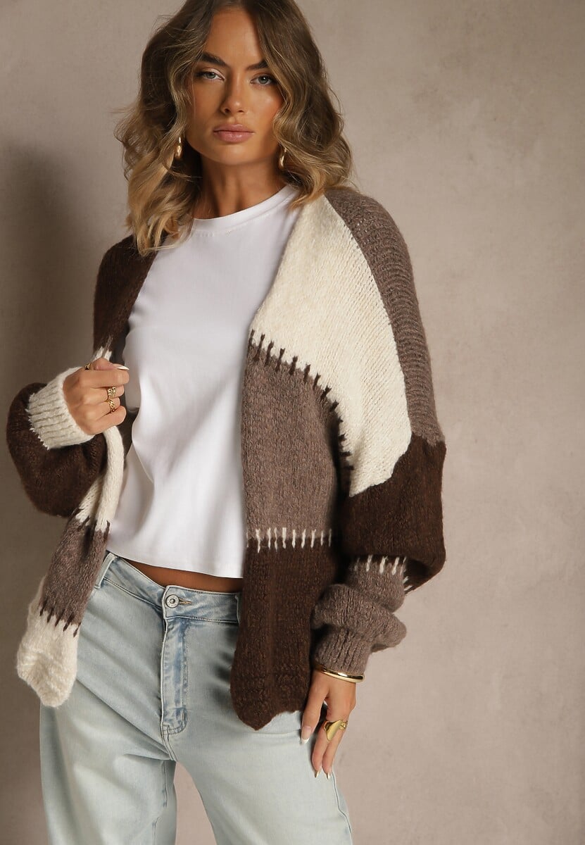 Brązowy Kardigan z Domieszką Wełny i Wiskozy w Patchworkowym Stylu Fesolinne