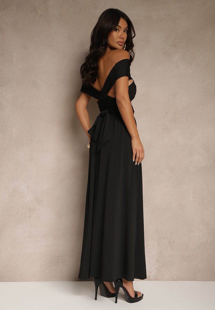 Czarna Sukienka Koktajlowa Multiway z Wiskozą Wiązana na Szyi Lilovea