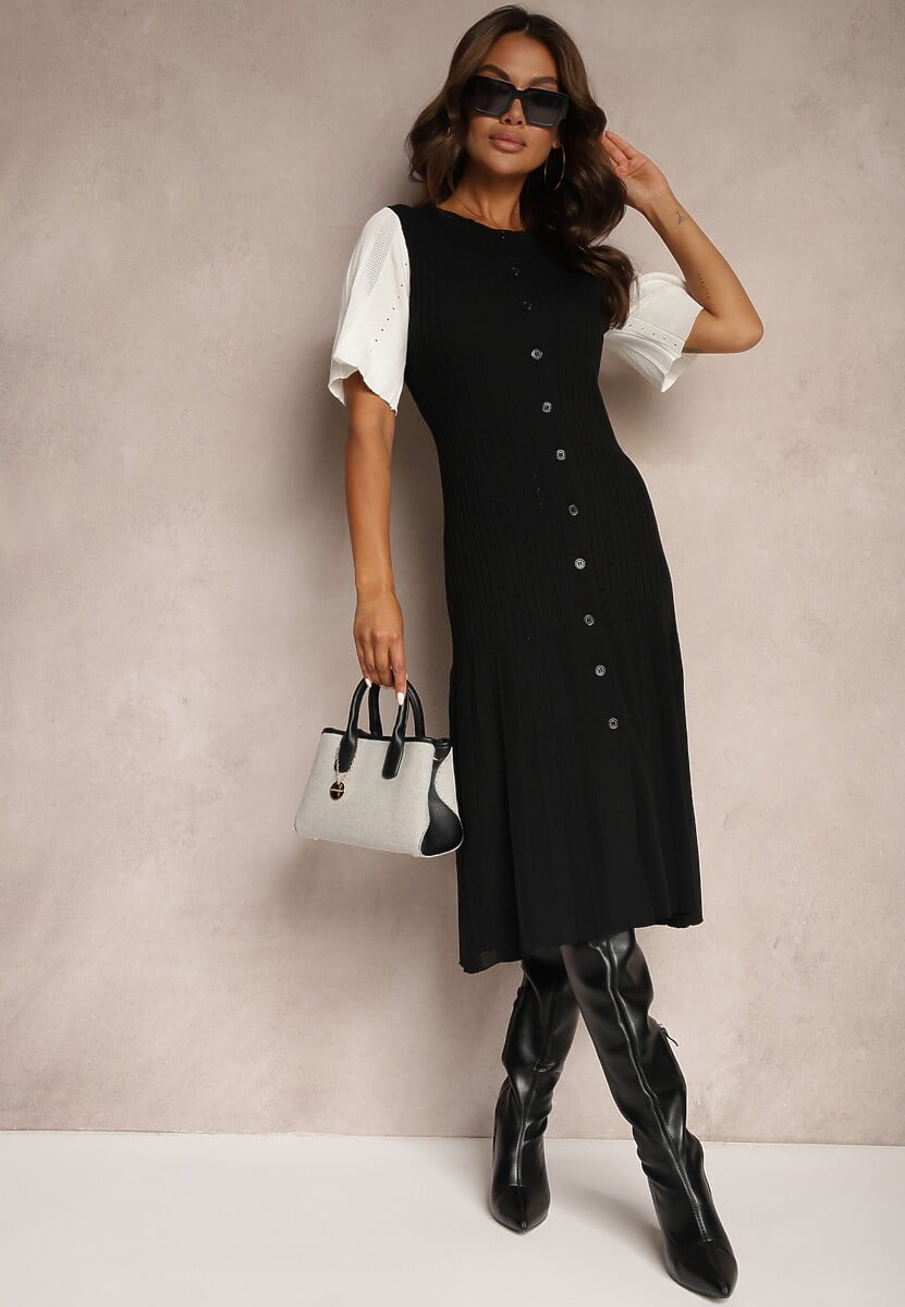 Czarna Trapezowa Sukienka z Dzianiny Zapinana na Guziki Zetirae