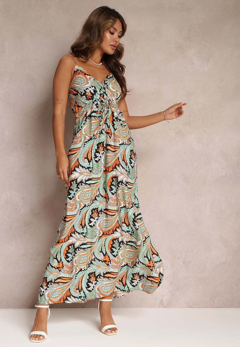 Zielona Rozkloszowana Sukienka z Wiskozy w Fantazyjny Print Eirlina