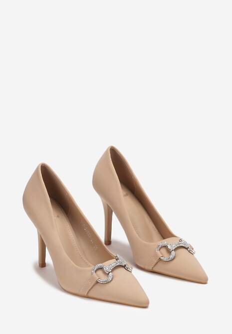 Beżowe Satynowe Szpilki z Biżuteryjną Klamerką Orazia