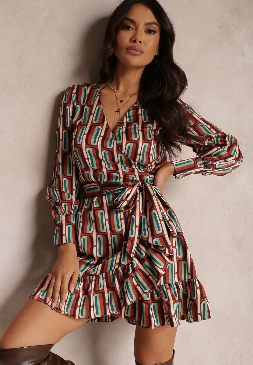 Brązowa Sukienka Kopertowa w Geometryczny Wzór Rangi