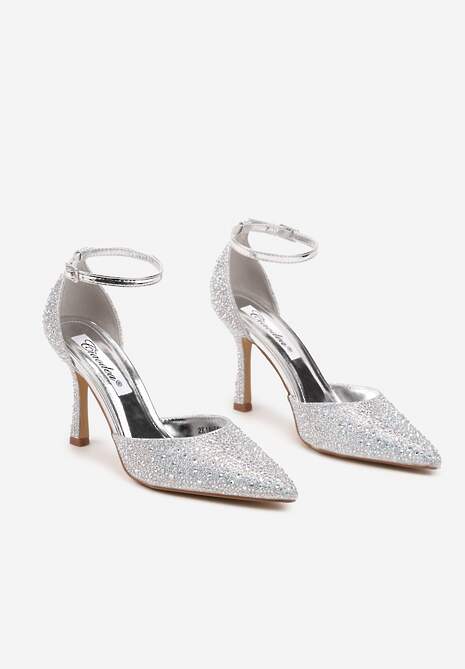 Srebrne Szpilki Ozdobione Brokatem i Cyrkoniami Zapinane Wokół Kostki Kelnena