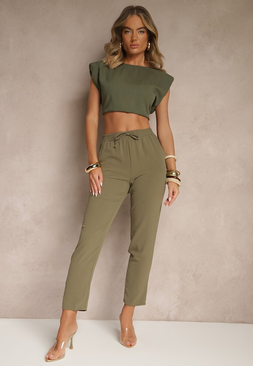 Zielone  Spodnie na Gumce z Troczkiem w Pasie i Zwężanymi Nogawkami Starima