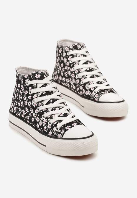 Czarne Trampki z Wysoką Cholewką Zdobione Kwiatowym Printem Folellia