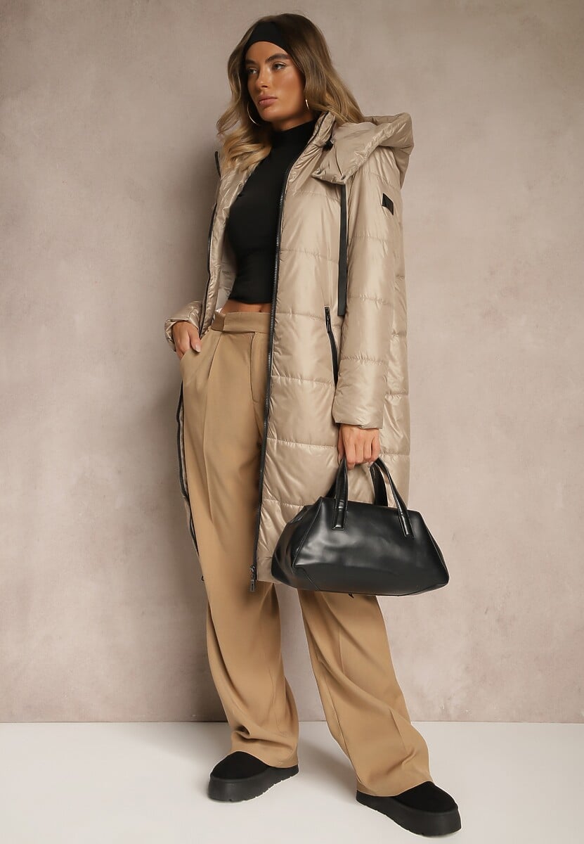 Jasnobrązowa Kurtka z Pikowanymi Przeszyciami i Ściągaczami po Bokach Balinne