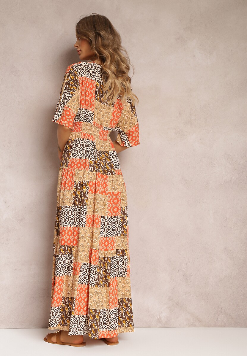 Pomarańczowa Sukienka Maxi z Krótkim Rękawem i Gumkami w Talii z Wiskozy Aveda