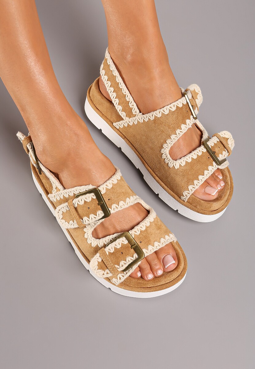 Brązowe Sandały na Niskiej Platformie ze Sprzączkami Obisina