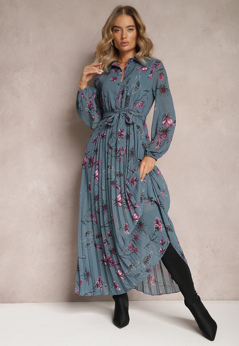 Granatowa Sukienka Plisowana w Kwiaty Emiranda