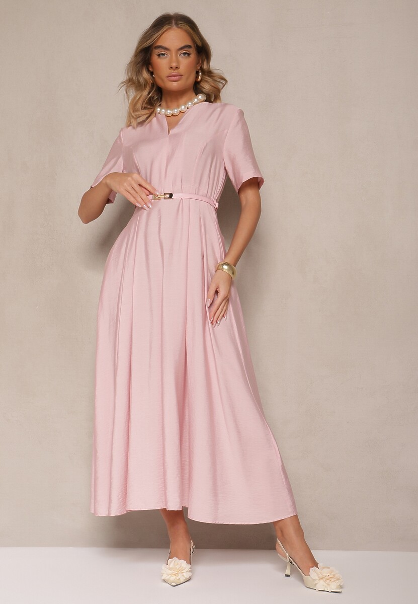 Zielona Rozkloszowana Sukienka z Lnu i Wiskozy z Paskiem ze Sprzączką Linoretia