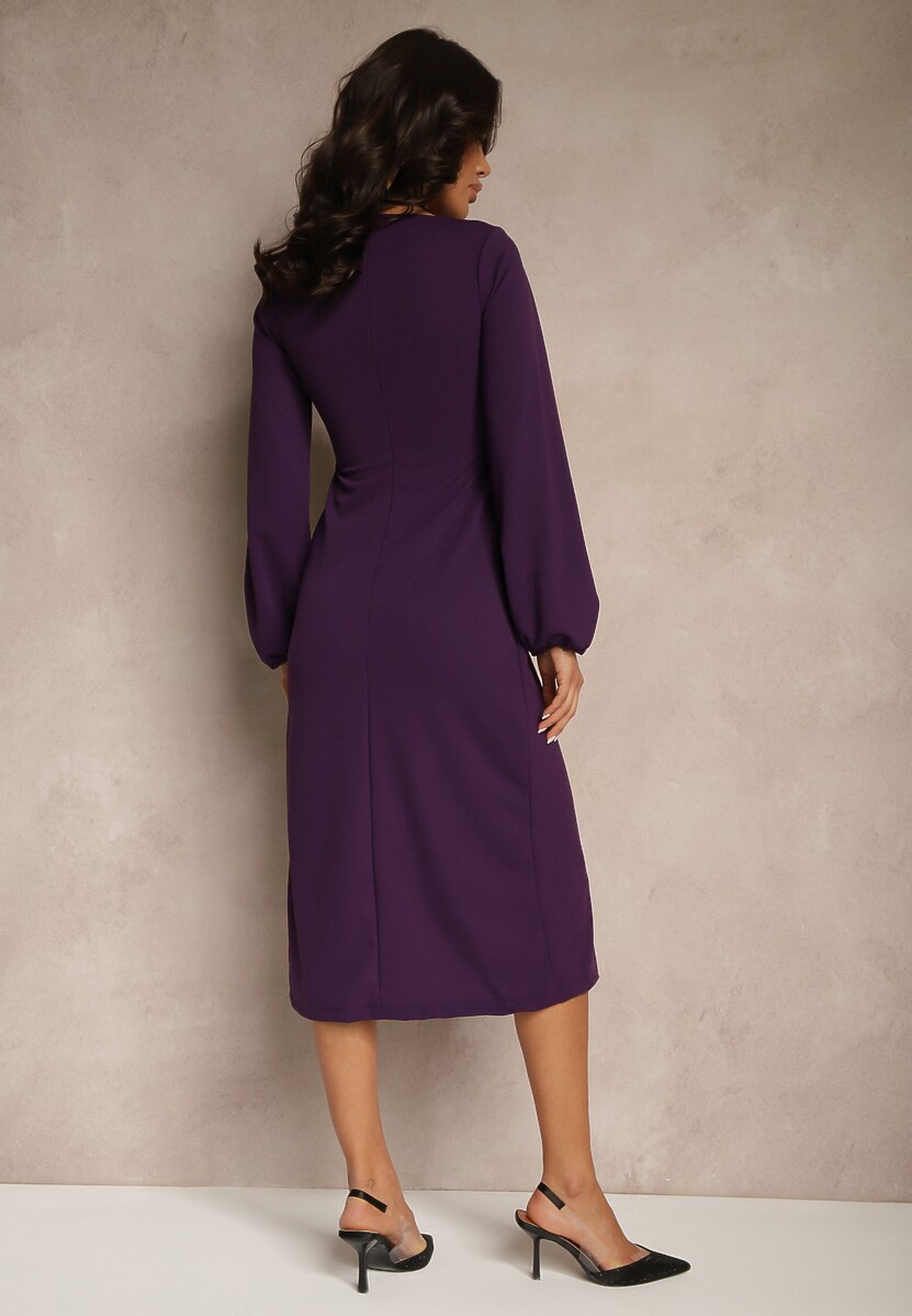 Fioletowa Sukienka Koktajlowa z Kwadratowym Dekoltem i Kopertowym Dołem Felinala