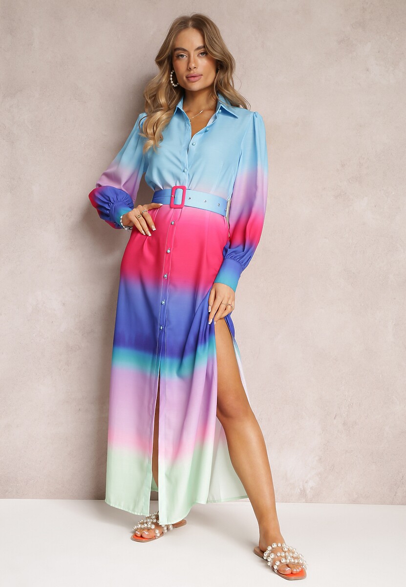 Niebiesko-Różowa Koszulowa Sukienka Ombre z Bufiastym Rękawem i Paskiem Brezlynn