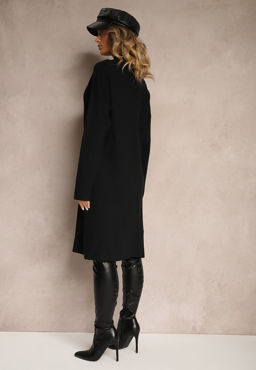 Czarna Pudełkowa Sukienka z Półgolfem Wełną i Bawełną Gilara