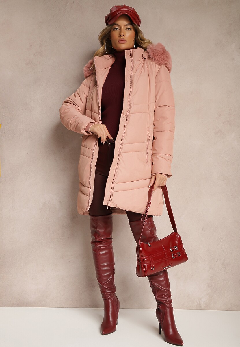 Różowa Zimowa Kurtka z Pikowanymi Przeszyciami i Odpinanym Kapturem z Futrem Jackiala