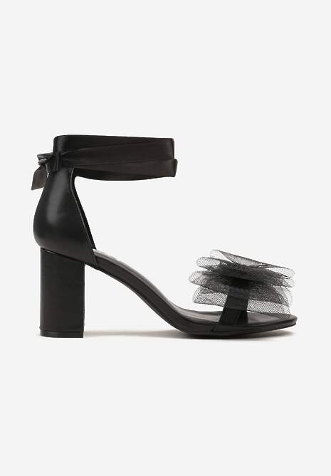 Czarne Sandały na Słupku Wiązane Wstążką z Tiulową Kokardką Naviloria