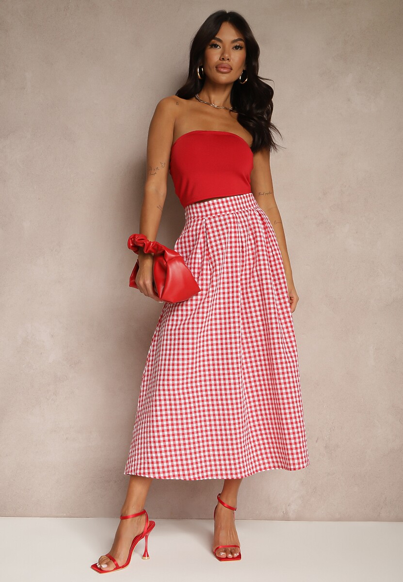 Czerwona Długa Spódnica z Bawełną w Kratkę o Rozkloszowanym Fasonie Leandiwen