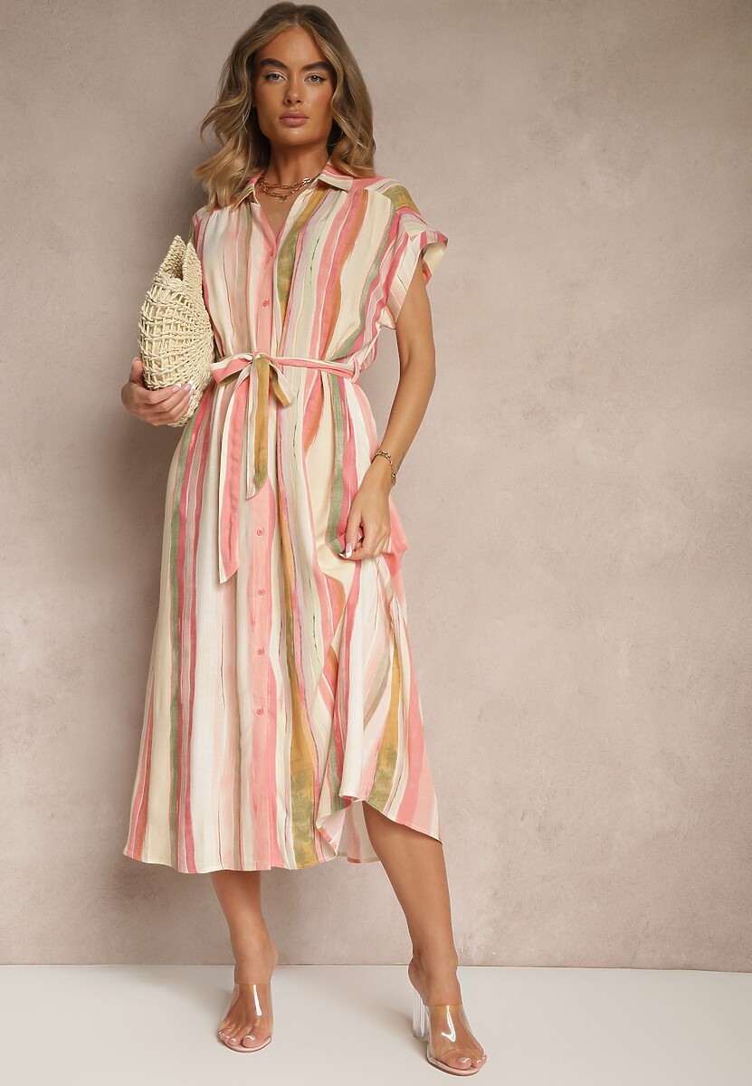 Niebiesko-Beżowa Wiskozowa Sukienka Koszulowa z Wiązanym Paskiem Iffema