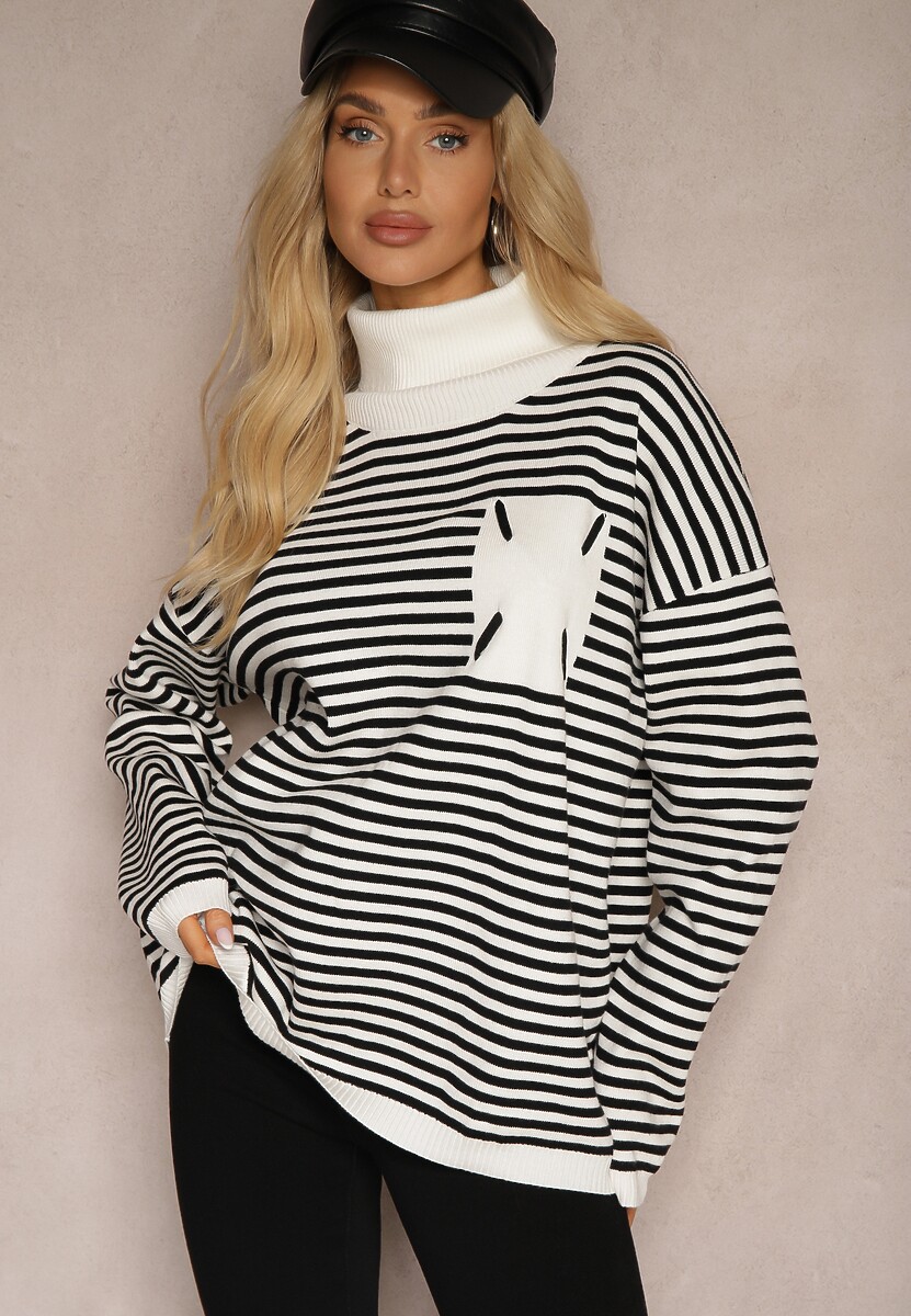 Beżowy Golf z Dodatkiem Bawełny w Paski z Prążkowanego Materiału z Naszywką Lerisara