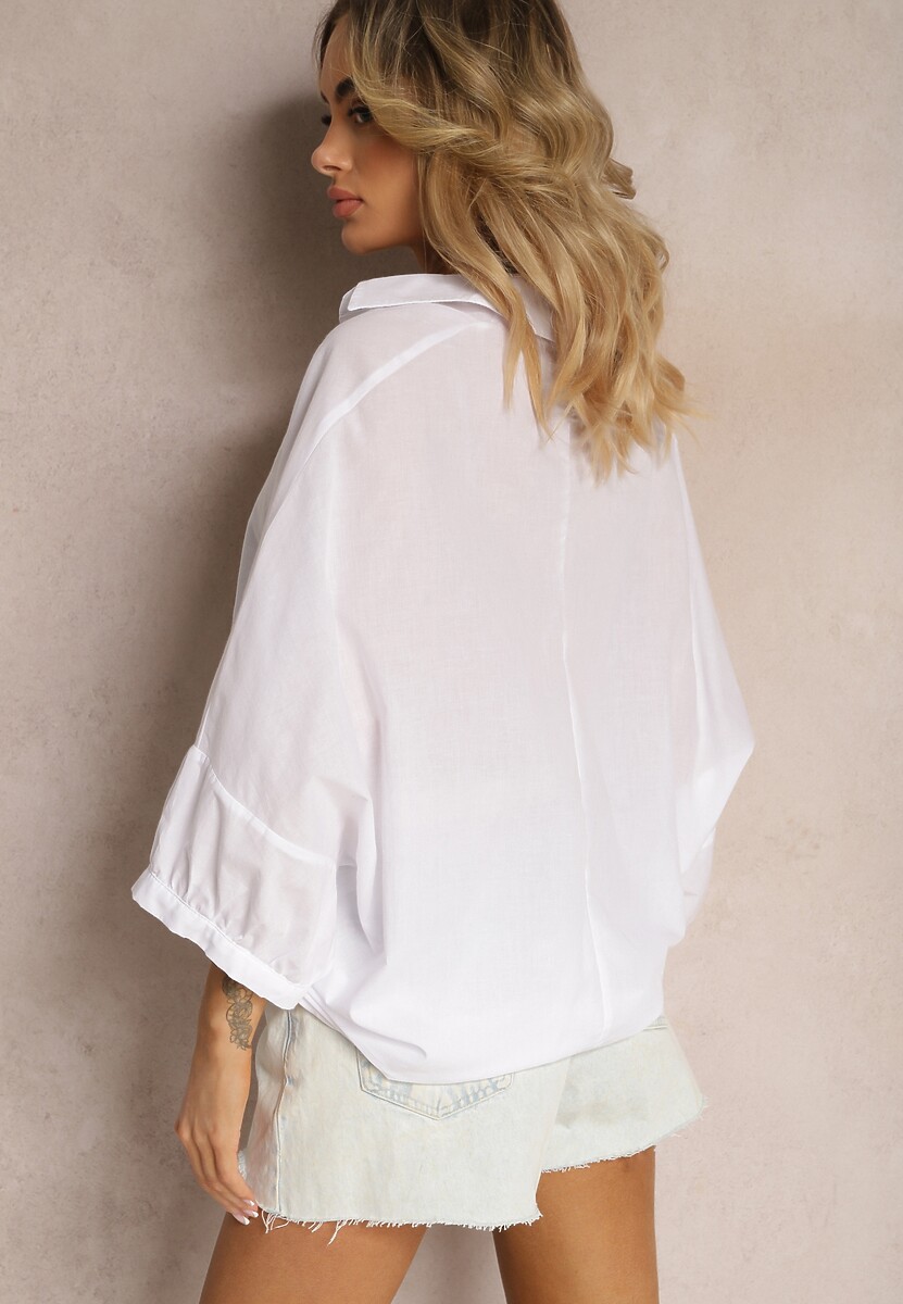 Biała Koszula z Bawełny Zapinana na Guziki z Dłuższym Tyłem i Ściągaczem Talissa