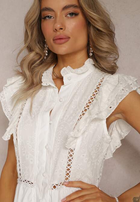 Biała Maxi Sukienka o Rozkloszowanym Fasonie z Zapięciem na Guziki i Haftami Adriyah