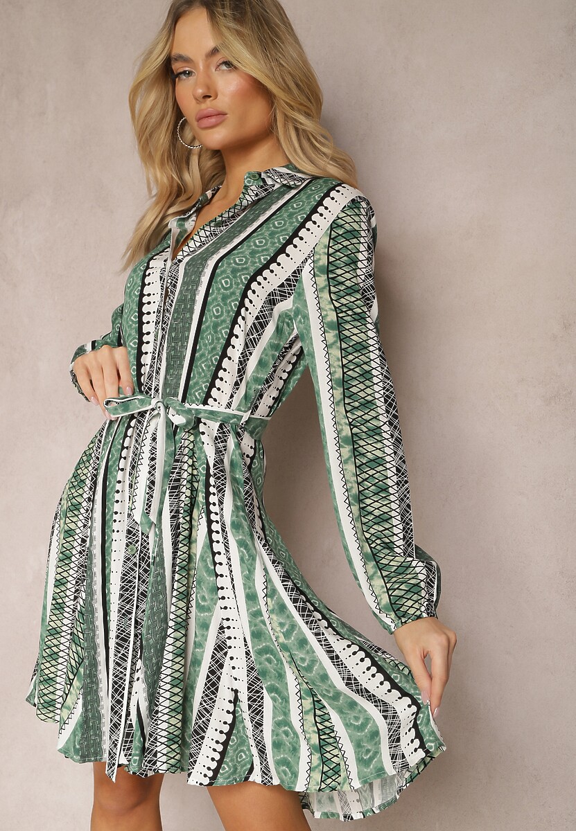 Zielona Wiskozowa Sukienka Koszulowa z Paskiem w Talii Rozkloszowana Urdiasa