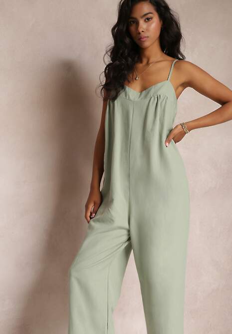 Zielony Kombinezon na Regulowanych Ramiączkach z Długimi Nogawkami z Bawełny Myrcela