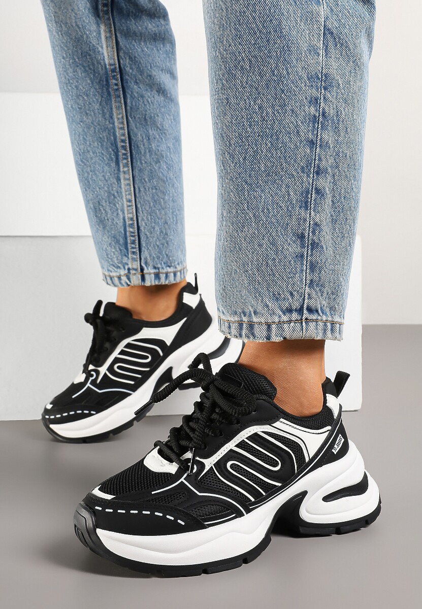 Czarne Sneakersy na Platformie Ozdobione Geometrycznym Motywem  Desaniel
