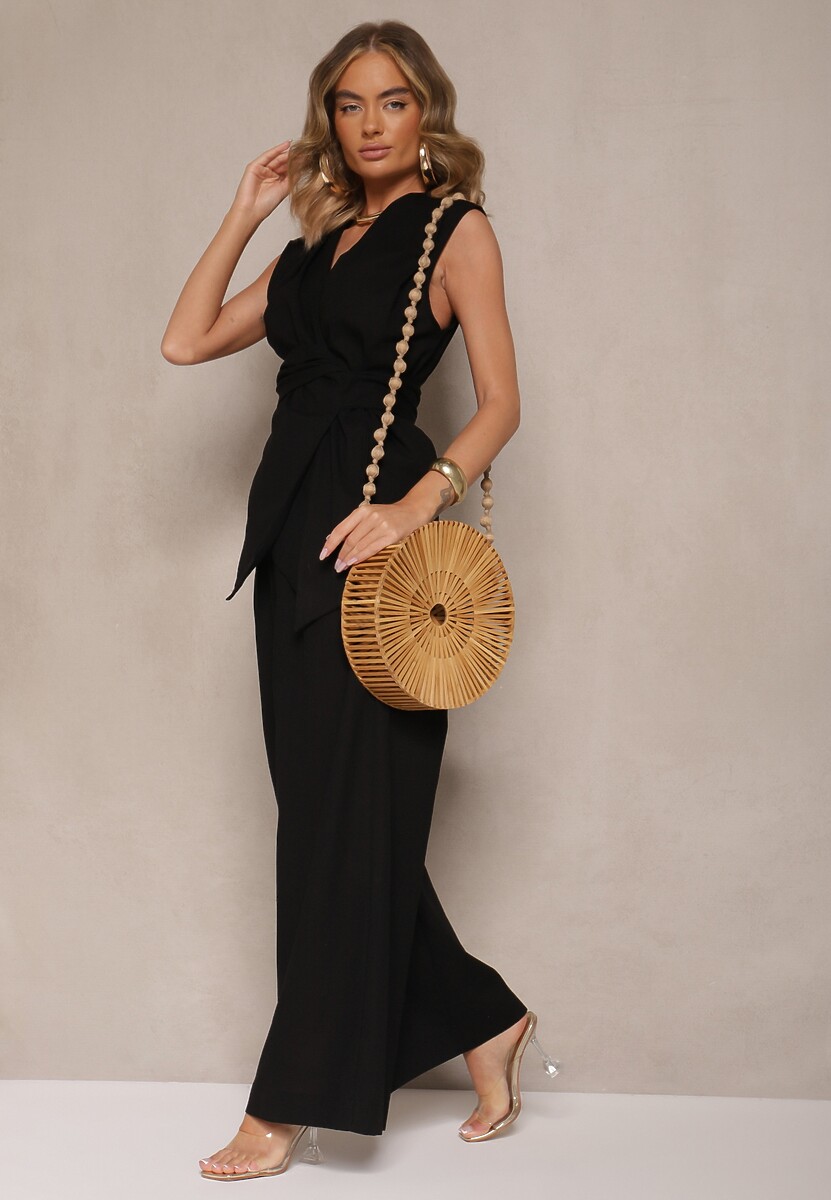 Czarny Komplet z Lnem Bluzka o Kopertowym Kroju z Wiązaniem i Szerokie Spodnie Talomia