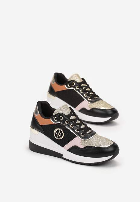 Czarne Sneakersy Ozdobione Brokatem i Metalicznymi Wstawkami Preslana