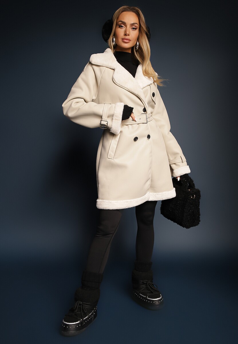 Jasnobeżowy Płaszcz Dwurzędowy z Imitacji Skóry Clachee