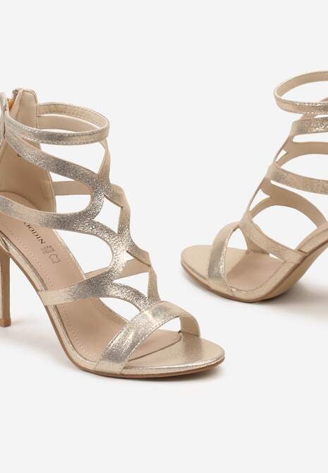 Złote Sandały Szpilki ze Skórzaną Wkładką i Ozdobnymi Paskami na Suwak Perseisa