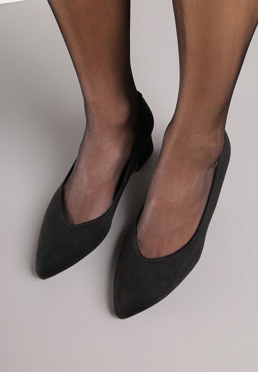 Czarne Czółenka Vices na Słupku z Imitacji Zamszu z Wkładką ze Skóry Naturalnej z Metaliczną Ozdobą Mixin