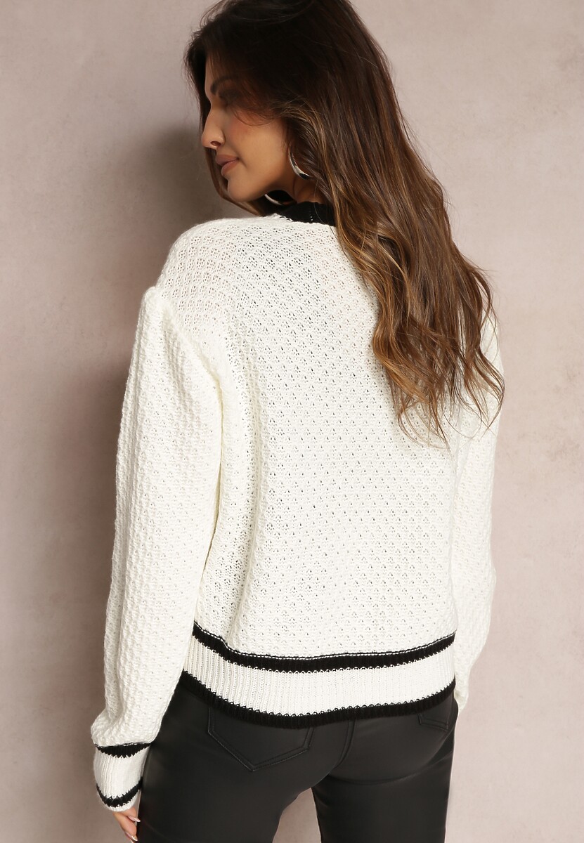 Biały Kardigan z Dzianiny z Ozdobną Lamówką i Guzikami Amesta
