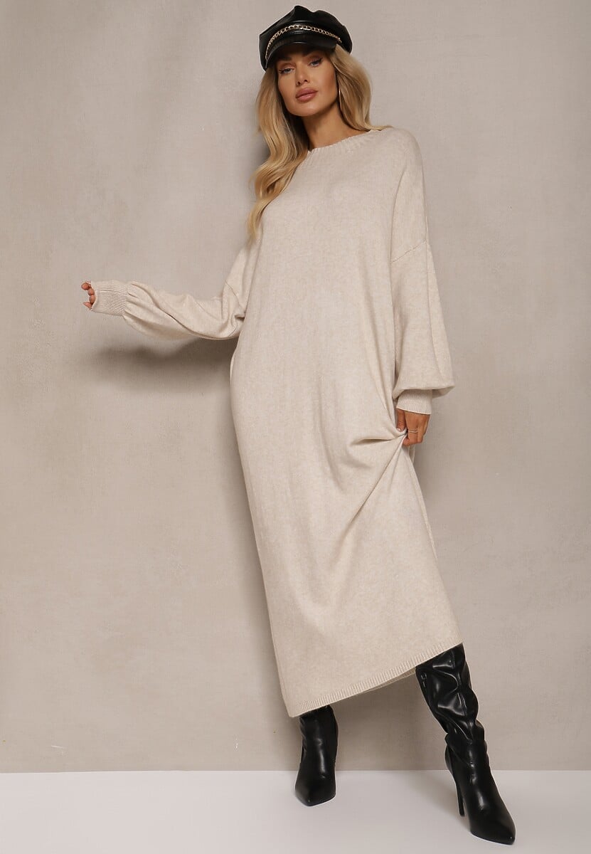 Jasnobeżowa Pudełkowa Sukienka z Wiskozą i Półgolfem Salindra