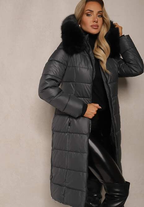 Szara Pikowana Kurtka o Długim Kroju z Odpinanym Kołnierzem z Futerka Neathora