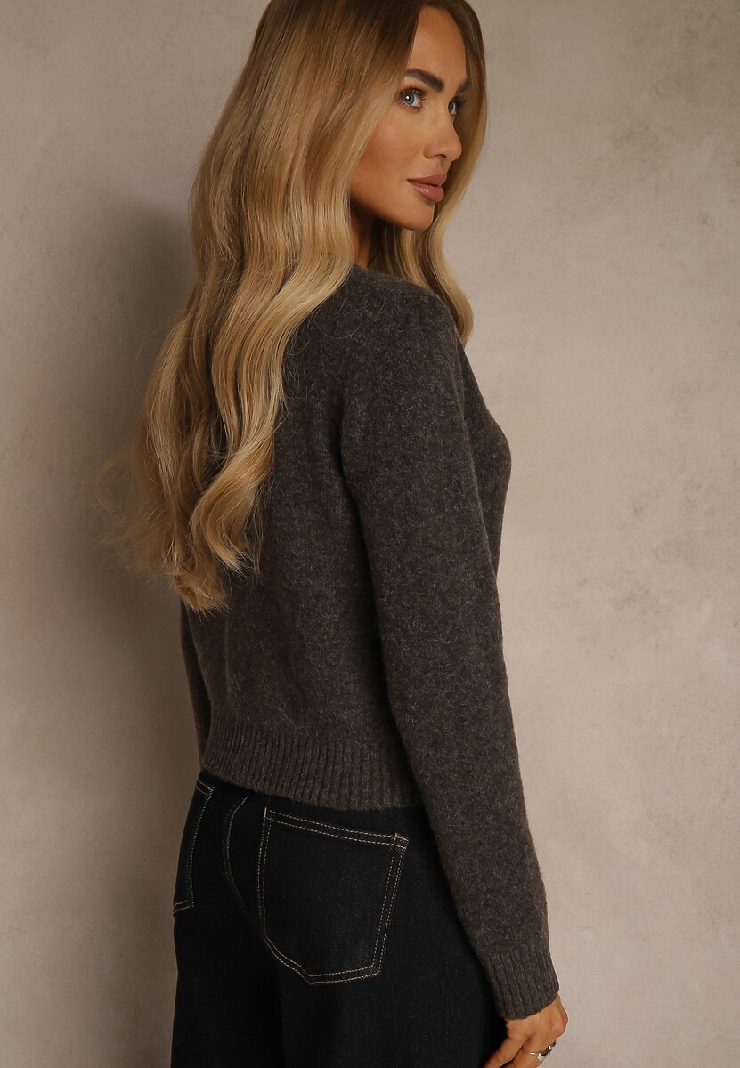 Brązowy Prosty Kardigan z Wełną z Okrągłym Dekoltem Reianvela