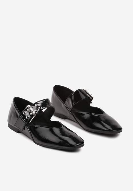 Czarne Balerinki Ozdobione Paskiem i Sprzączką Berimida