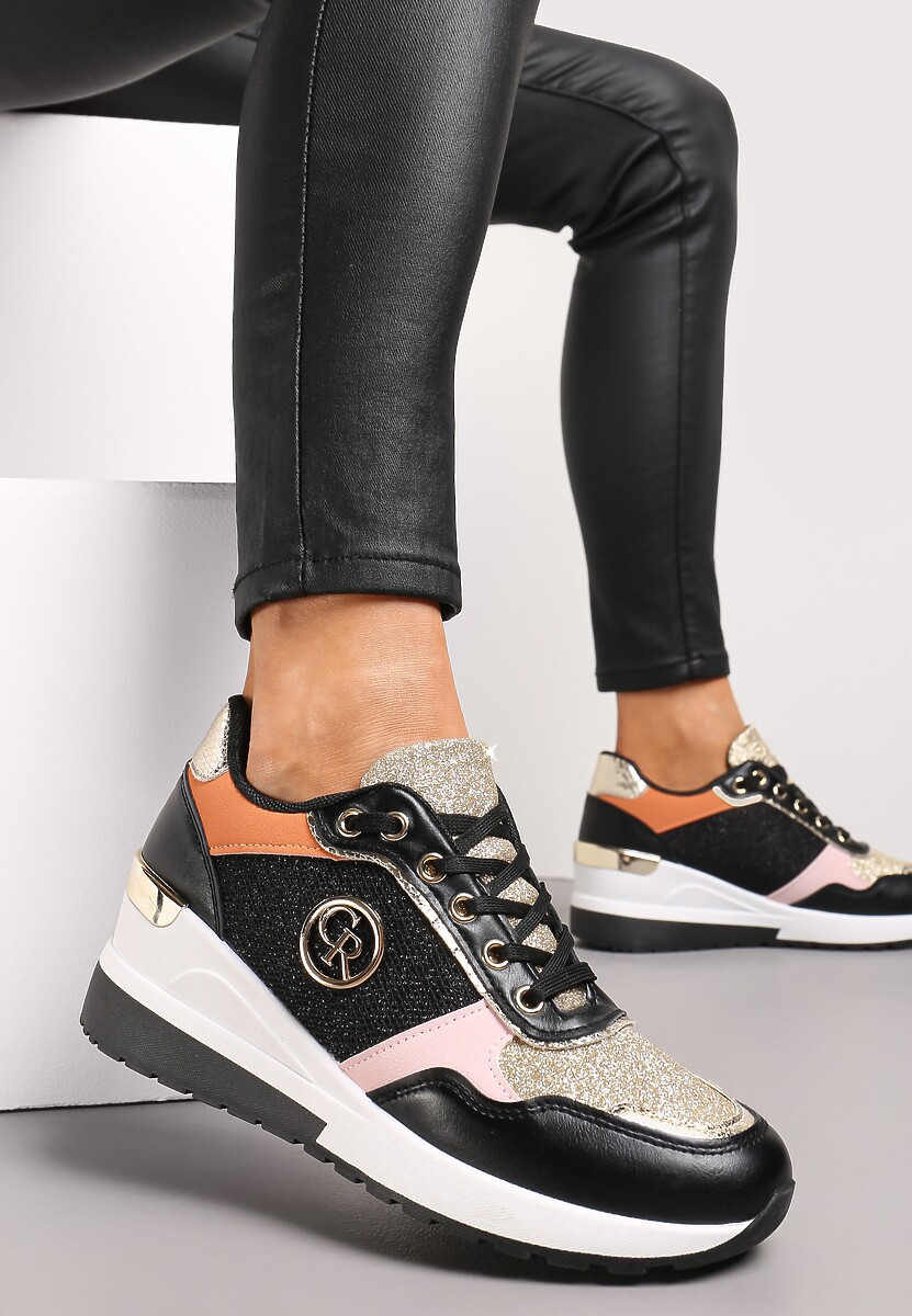 Czarne Sneakersy Ozdobione Brokatem i Metalicznymi Wstawkami Preslana