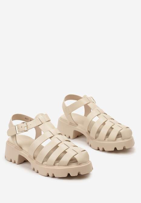 Beżowe Sandały Zapinane wokół Kostki na Sprzączkę z Wycięciami na Grubej Podeszwie Vapira