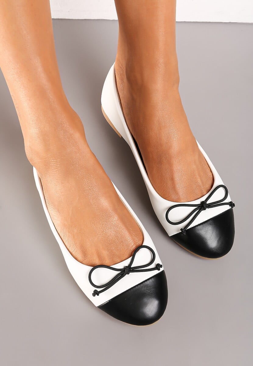 Złote Balerinki z Ozdobną Kokardką i Kontrastowym Noskiem Sanahia