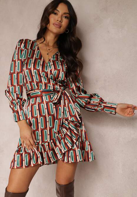 Brązowa Sukienka Kopertowa w Geometryczny Wzór Rangi