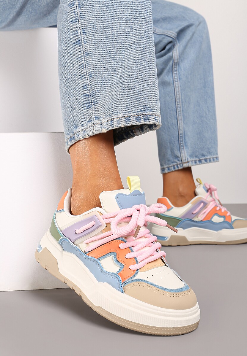Beżowo-Różowe Sznurowane Sneakersy na Płaskiej Podeszwie Eviline