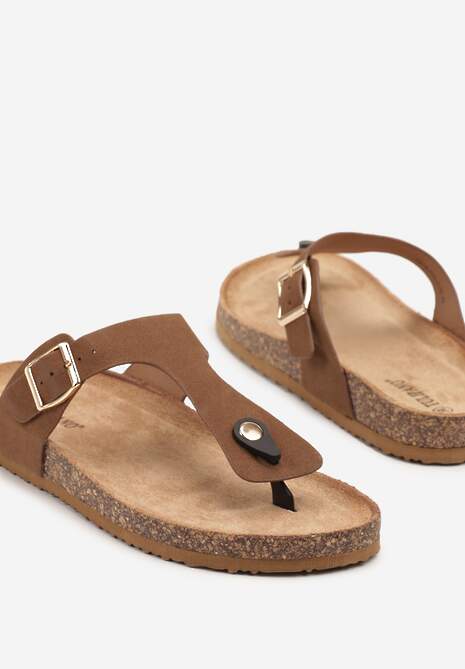 Brązowe Klapki Japonki na Podeszwie z Imitacji Korka Idessa